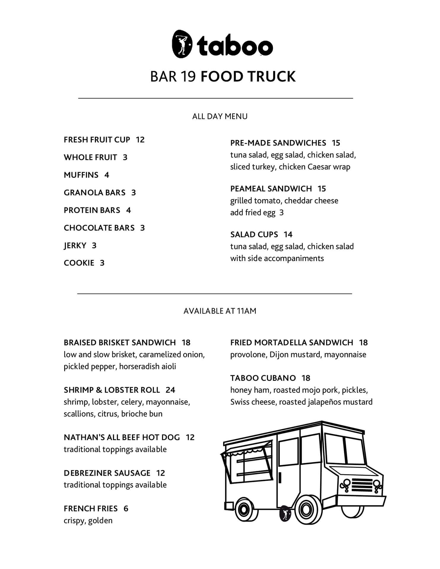 Bar 19 Food Truck Menu